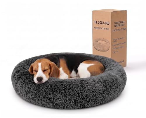 The Dog’s Bed Calming Donut Dog Bed, Plush Faux Fur Round Cuddler Nest – Removable Washable Zip Cover, Medium Beds - 76cm Diameter, Dark Grey Fur