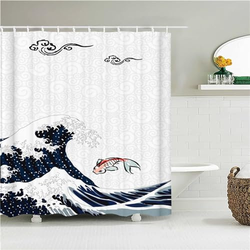 Guofuos Duschvorhang Surf-Koi 120x120cm Duschvorhäng Anti Schimmel,Wasserabweisend Stoff Duschrollo Waschbar,3D Draussen Bad Vorhang Schnell Trocknend,Badewanne Badezimmer Decor Vorhänge