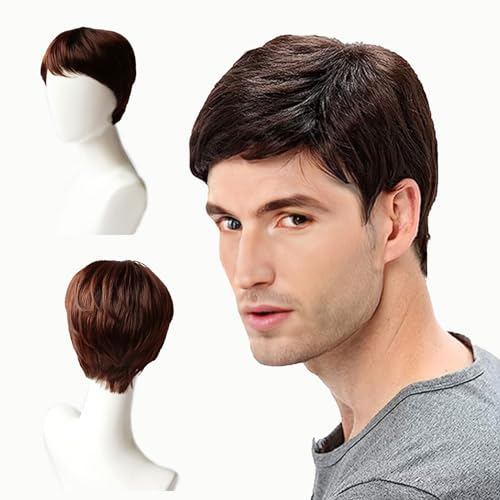 EUPSIIU Perruque Homme Naturel Brun Perruque Synthétiques Homme Cheveux Court Perruque de Cosplay Halloween pour Hommes rock star soirée à thème carnaval Costume de fête quotidien (Brun)