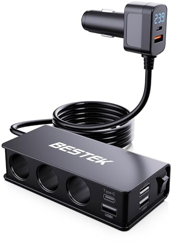 BESTEK 9-in-1 Zigarettenanzünder Kfz-Ladegerät Netzadapter 148W 12V/24V DC Zigarettenanzünder Splitter mit 2 USB-C PD Ports & 4 QC3.0 USB-A Ports LED Spannungsanzeige Super Charger Adapter