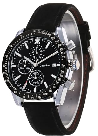 Casotime Montre chronographe en Cuir pour Hommes Etanche à 30M Quartz analogique Affichage de la Date, Travail Décontracté Classique Mode Robe Montre avec Bracelet en Cuir Cadeau élégant pour Hommes