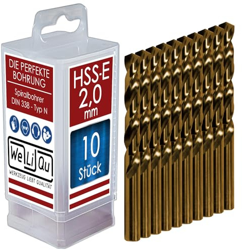 WELIQU 10 Stück HSS-E Kobalt-Spiralbohrer Ø 2,0 mm, geschliffene, selbstzentrierende Präzisionsbohrer für die Metallbearbeitung