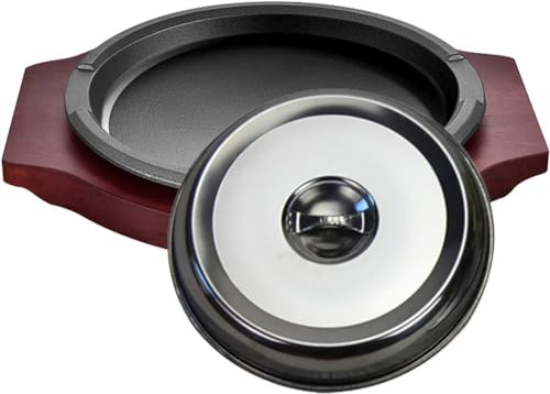 Plato para carne de hierro fundido, plancha chisporroteante con base de madera y cubierta de acero inoxidable, sartén para carne, parrilla, plato para servir en restaurante o uso doméstico, 24 cm