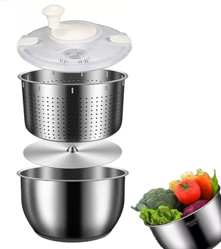 MiBoce Stainless Steel Vegetable Washer, 6L Salad Spinner, with PP Lid, Double Layer Split Design, Easy Cleaning, for Drain Leafy Vegetables, Fruit and Vegetable Storage