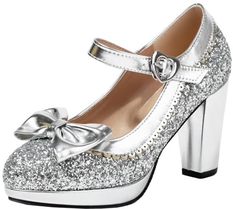 HSyc JRX blockklack för kvinnor, höga klackar, glitter, pumps med rosett, Mary Jane, platåskor, silver, 39.5 EU