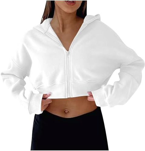 Yolimok Women's Hoodies Zip Up Hoodie Women UK Cropped Sweatshirts Long Sleeve Pullover Solid Color Sports Gym Running Crop Tops Jacket Sportswear Streetwear Trendy Y2K Loose Ladies Blouses White