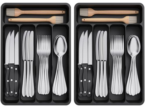 Lifewit Organizador de Cubiertos, pack de 2, Bandeja Cubiertos Cajon Cubertero para Cajón para Menaje, Cocina Organizador de Cubertería Compacto para Cucharas Tenedores, 5 Compartimentos, Negro