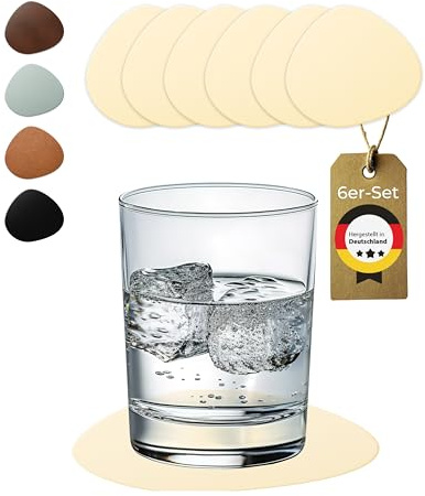 Lederfabrik Garnier® Untersetzer Gläser modern 6er-Set - rutschfest & Abwaschbar - Perfekter Tischschutz - Glasuntersetzer Leder Beige - Made in DE
