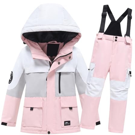 Generisch Ensemble de ski pour enfants filles et filles, imprimé manches longues, velours épais, chaud, coupe-vent et imperméable, haut et pantalon, 2 pièces taille 56, Rose, 7-9 ans