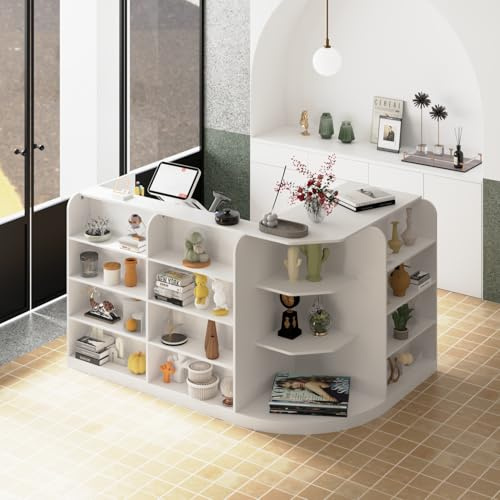 Tavolo cassiere a forma di L, banco di ricevimento angolare, tavolo da reception con 3 cassetti e 1 armadio, grande cassetta di ricezione con ripiani