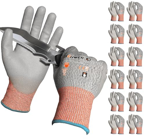 Schwer 12 Pairs ANSI A5 Cut Resistant Work Gloves, Cut Proof Gloves with PU Coating, Used for Metal Fabrication, WoodWorking, Construction, Non Slip, Durable, Non PFAS, XL, CR3088