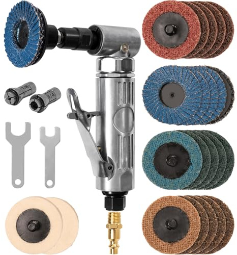 Right Angle Air Die Grinder With 22 pcs 2-inch Roll Lock Sanding Discs,1/4 inch Pneumatic Die Grinder Tool,Mini Angle Grinder Kit For Grinding,Polishing,Deburring