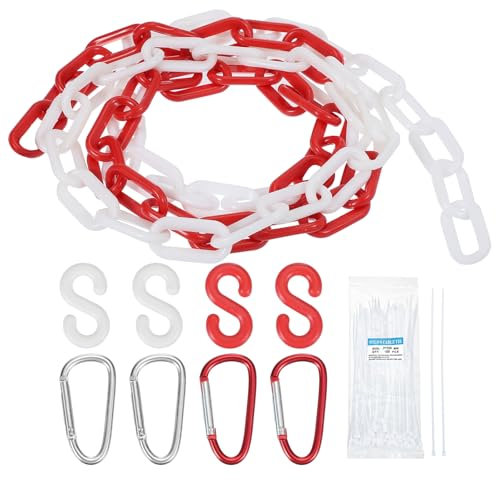 sourcing map Plastic Chain 10 FT/3.1 M, Safety Chain Red White Plastic Chain Link Barrier with Zip Ties Buckle and S-Hooks for Crowd Control Queue Line Fence Decoration