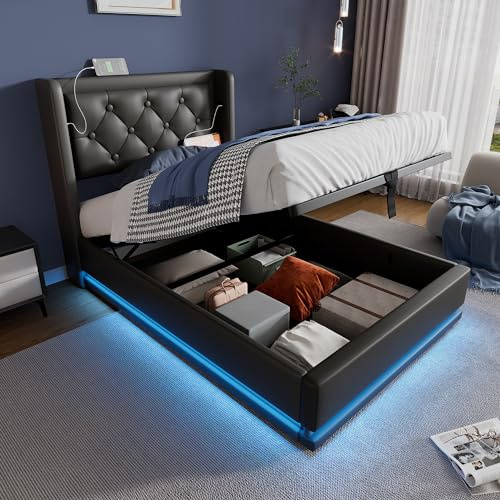 Huayz Polsterbett Einzelbett 90x200, LED Jugendbett Hydraulisch Stauraumbett Funktionsbett Bettgestell mit Stauraum & Lattenrost, Kopfteil mit USB Typ-C Ladefunktion & Staufach, PU