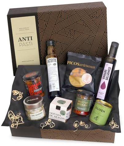 Antipasti Präsentbox, veganes mediterranes Geschenk-Set von GESCHENKVOLL | Mit hausgemachten Antipasti, Oliven, nativem Olivenöl Extra, Balsamico und Meersalz, geschenkfertig, Geschenk für Genießer