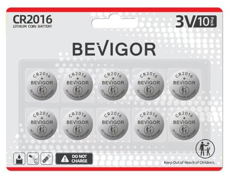 BEVIGOR​ Pile 2016 Compatible Appareils Médicaux et de Fitness - CR2016 Lithium 3V - Pile Bouton​ Sécurité Enfant - pour Télécommande Voiture, Porte-clés, Montres, etc. (CR2016-10)