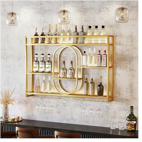 Étagère à vin murale pour bar, cave à vin, cuisine, étagères flottantes en métal avec lumière LED avec support à suspendre pour verres à vin, bouteilles d'alcool, grande capacité de rangement
