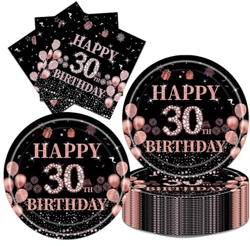 40Pcs Black and Pink 30th Birthday Party Decorations - Happy 30th Birthday Plates Napkins Set for 20 Guests