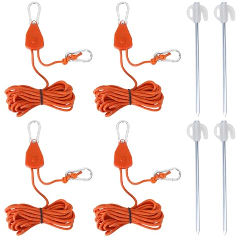 MYLERCT 4 Pièces Poulie à Cliquet, Réglable de 4 Mètres Tendeur de Corde à Cliquet, Diamètre 4 mm Tendeur Corde, avec Piquets de Tente, pour Monter la Tente et Suspendre Les Vêtements