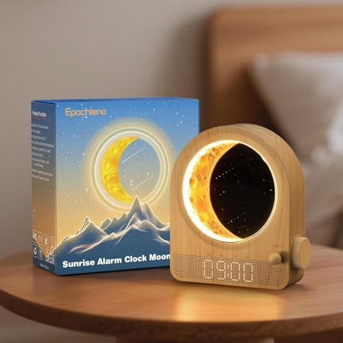 Epochleno Despertador Sunrise Light, despertador de habitación con ruido blanco y luz lunar, 10 melodías, función de cuenta atrás y brillo ajustable - Madera