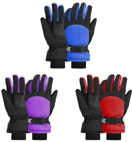 LYDTICK 3 Pairs Kids Winter Gloves Waterproof Snow Ski Gloves for Boys Girls Toddler Outdoor Warm Snowboard Mittens, Color B, 10-15 Years