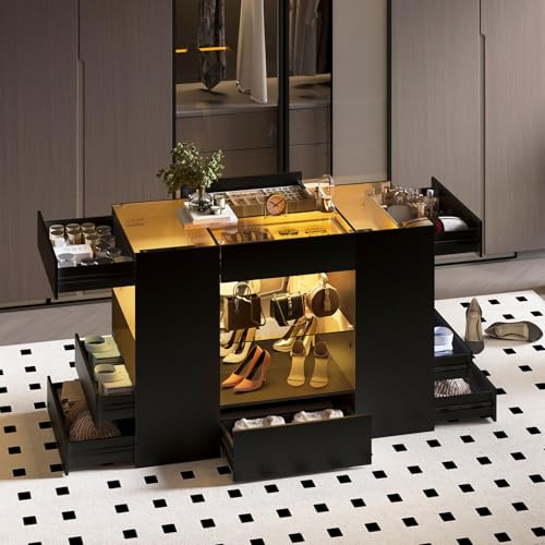 Kikihouse Modern Closet Island with 10 Drawers, LED Wardrobe Armoire Island with Glass Top, Luxury Walk-in Closet Island Storage Cabinet with Display Shelf for Cloakroom, Dressing Room (Black)