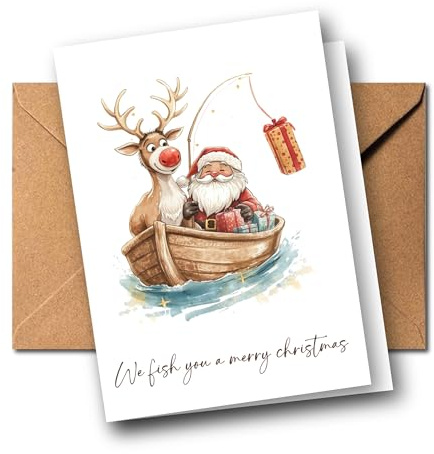 3Käsehoch Lustige Weihnachtskarte Angler – „We fish you a merry Christmas“ | Weihnachtsmann & Rentier im Boot | Humorvolle Xmas Karte mit Umschlag | Witzige Karte zu Weihnachten