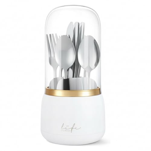 Punorric White Rotating Utensil Holder - Utensil Pot, Spoon Holder Cutlery Organiser with Multi-Compartment, Kitchen Utensils Holder for Cooking Tools/Tableware