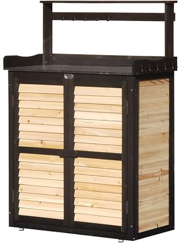 Arbour Armoire de Jardin Multifonction en Bois FSC 97x45x120 cm | Table de Préparation Acier Galvanisé | Rangement Outils avec Aération et Crochets | Résistante aux Intempéries