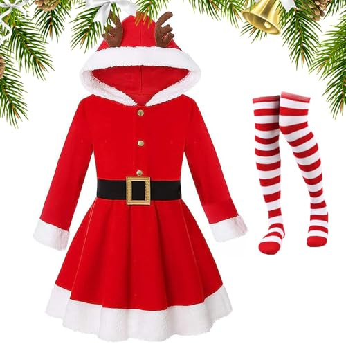 Jul röda horn flickor tomte klänning kostym | julkostym flickor tomteklänning med horn för karneva-fotografering