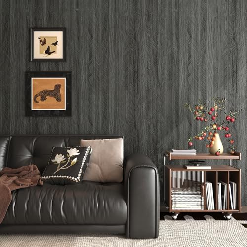 Livelynine Epaisseur Papier Peint Adhesif Mural Bois 3D 90CMx5M Papier Peint Autocollant Mural Chambre Salon Tasseaux de Bois Noir Panneaux Muraux Decoratif Adhesif Rouleau pour Bureau Gris Foncé