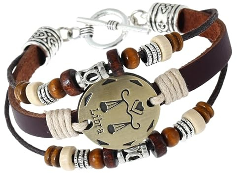 HUIANGLIYG Vintage-Armband Aus Leder Mit 12 Sternzeichen Und Ot-Verschluss. Handgefertigtes, Mehrlagiges Wickelarmband Mit Holzperlen, Passend Für Damen Und Herren (Waage). 21 Cm