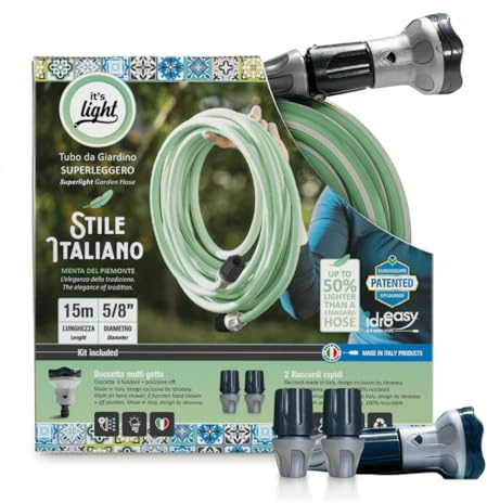 Idroeasy, Tubo Acqua Giardino 15 Metri Superleggero 5/8, Canna Acqua Flessibile Anti-Nodo con Doccetta Multifunzione e 2 Raccordi, Tubo Irrigazione Atossico Verde Menta, Made in Italy