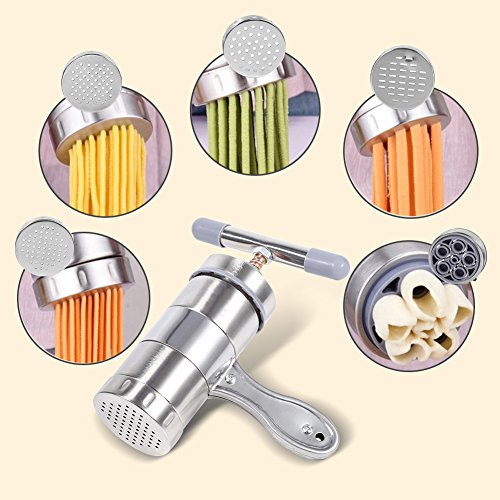 TOPINCN Macchina per Pasta in Acciaio Inossidabile con 5 Teste di Stampo | Funzionamento Semplice, Uso Domestico, Uso in Ristorante