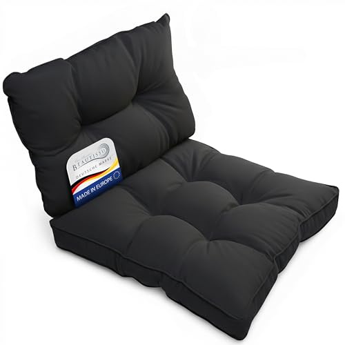 Beautissu 2er Lounge Auflagen Set Sitzkissen und Rückenkissen Outdoor | 50x50cm 50x40cm Anthrazit schmutzabweisend Polsterauflagen für Gartenmoebel Wetterfest Gartenmöbel Kissen Flair Outdoor