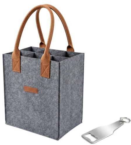 Voxlara Flaschentasche, Flaschentasche 6 Flaschen, Stabil Filz Flaschenträger mit Griff, Flaschenkorb, Getränketasche, Wiederverwendbare Flaschen Tasche für Wein, Getränke, Weinflaschen (Grau)