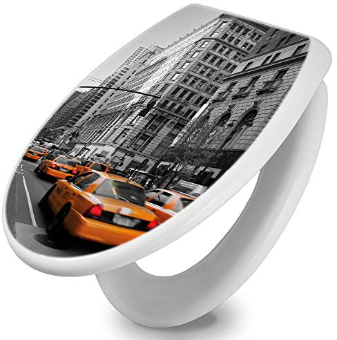 banjado Toilettendeckel mit Absenkautomatik 44,5x37cm / WC Sitz mit Absenkautomatik/Toilettensitz Duroplast mit Edelstahl Scharnieren/Klodeckel mit Absenkautomatik Motiv New York Taxi