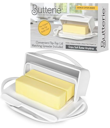 Butterie Flip Top Butter Dish with Attached Lid & Matching Knife - Holds 2 Sticks, Fits Kerrygold/European Butter - BPA Free & Dishwasher Safe - White