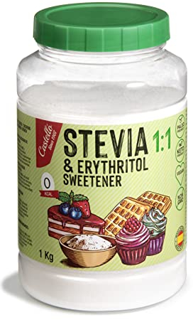 Castello since 1907 Stevia + Erythritol 1:1 Sweetener | 1g = 1g of sugar | 100% Natural taste Sugar Substitute - 0 Calories - 0 Glycemic Index - Keto and Paleo - 0 Net Carbohydrates - Non-GMO - 1kg