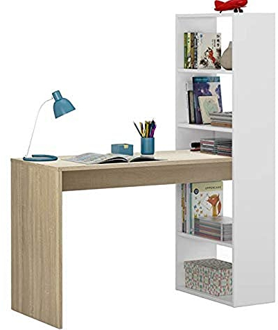 Dmora - Denton Schreibtisch, umkehrbarer Multifunktionsschreibtisch mit Bücherregal mit 5 Ablagen, Arbeits- oder Bürotisch für PC-Buchhalter, 120 x 53 x 144 cm, Weiß und Eiche