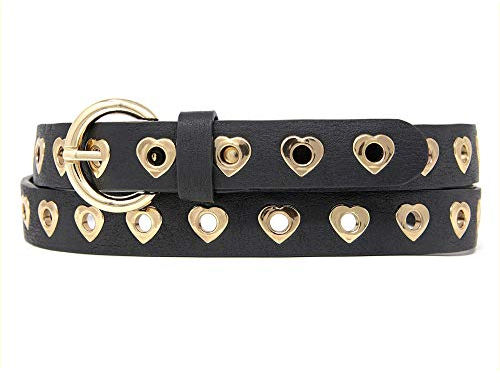 Zakatte • Damen Nietengürtel aus Kunstleder mit Herzformigen Ösen BS045 (Schwarz-gold, 90 cm)
