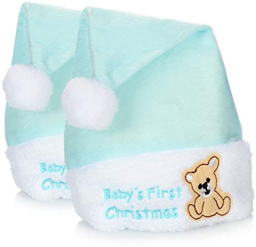 com-four® 2x Weihnachtsmütze in blau, Baby's 1st Christmas Aufschrift | Nikolausmütze mit Teddybär Motiv - Bommel-Mütze für Weihnachten