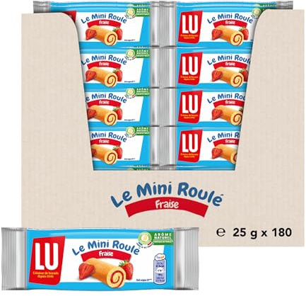 LU - LULU Miniroulés à la Fraise - Génoise Tendre et Moelleuse - Gâteau à la Fraise - Lot de Gâteaux Individuels - Idéal pour le Goûter des Enfants - Fabriqué en France - Pack de 180 Sachets de 25 g | 180 Sachets de 25g | Mini roulés en génoise tendre et moelleuse fourrés à la fraise | Idéal pour le goûter des enfants