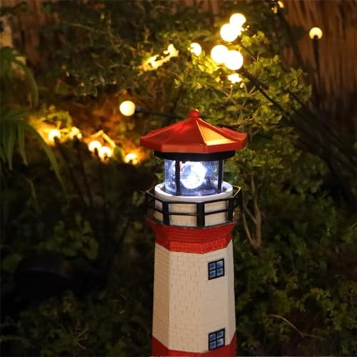 Tissting Solar Lighthouse Light, Red IP65 Resin Solar Powered Beacon | Decorative Solar Ornament, Auto On Night Light Ideal for Patio Garden Festival