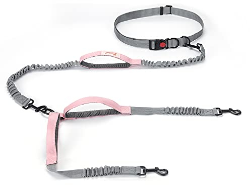 Petotw Hundeleine Doppelleine verstellbar,Dual Pet Leine Reflektierend Hunde Bungee Stoßdämpfende 360 °,Dual Doggie Leash Zwei Gepolsterte Griffe,Keine Verwicklung Reflektierend Hundeleine Rosa