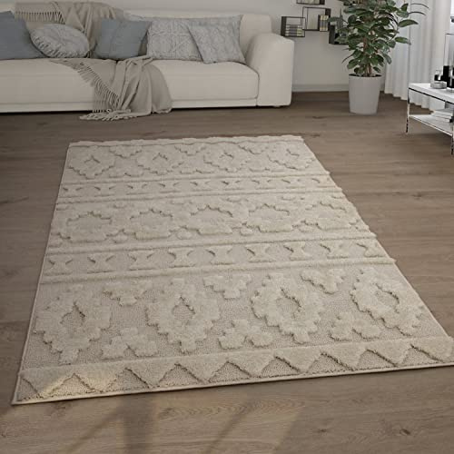 Paco Home Hochflor Teppich Wohnzimmer Shaggy 3D Optik Ethno Boho Vintage Look Weich, Grösse:120x160 cm, Farbe:Creme 4