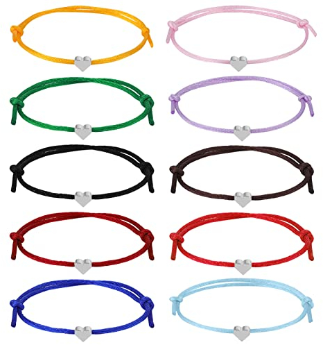 Xinstroe 10 Stück Herz Freundschaftsarmband, Seil Armbänder Filigranes Größenverstellbar für Frauen Mädchen (Silber)