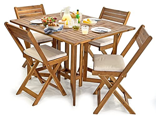 Estosa - Set tavolo + sedie in legno di acacia, set pieghevole e portatile, facile da chiudere per il trasporto e per utilizzare in giardino, giardinaggio, campeggio (Acacia, Vittoria 4 sedie)