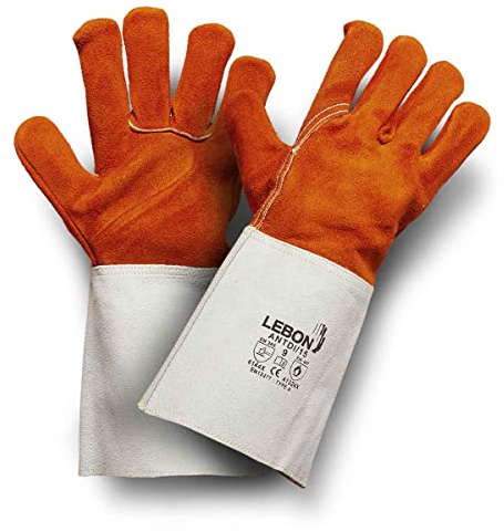 LEBON ANTDI/15 Lederhandschuhe, hitze- und feuerbeständig, multifunktional (Schweißen, Kamin, Grill..), komplett gefüttert, 1 Paar (Einheitsgröße), Orange und Grau, 1 Paar (1 Stück)