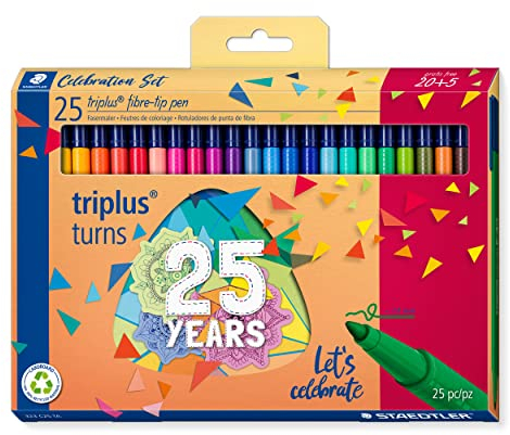 STAEDTLER Fasermaler triplus celebration Set, ergonomischer Dreikantschaft, Linienbreite 1,0 mm, lange Lebensdauer, Jubiläums-Promotion: 20 + 5 fibre-tip pens in sortierten Farben, 323 C25 TA